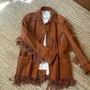 Vintage suede leather fringe jacket cognac carmel color oversized
